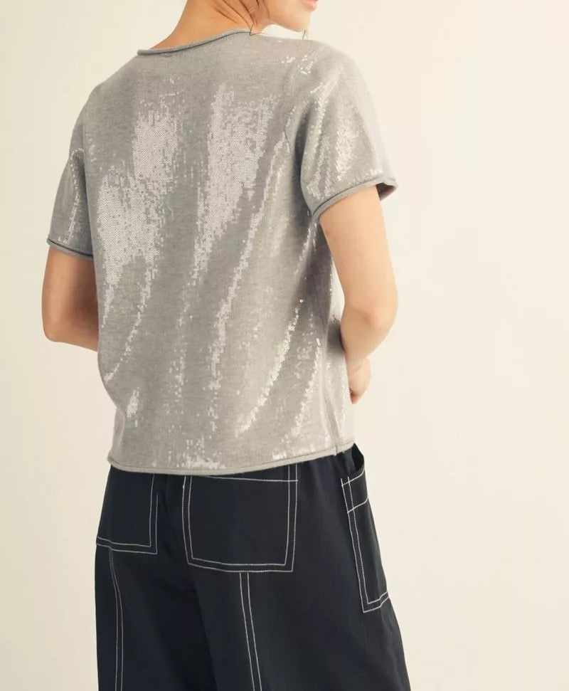 HEATHER GREY TINY SEQUIN SHORT SLEEVE SWEATER TOP