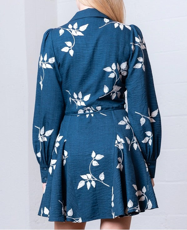 NAVY/WHITE EMBROIDERED LONG SLEEVE BUTTON DOWN MINI DRESS