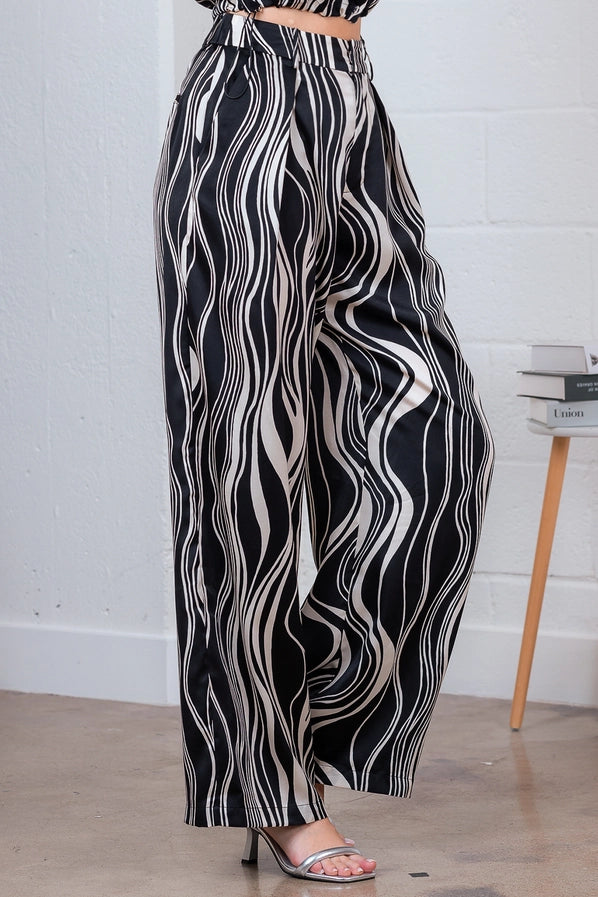 BLACK/IVORY PRINT HIGH WAISTED WIDE LEG SATIN PANTS
