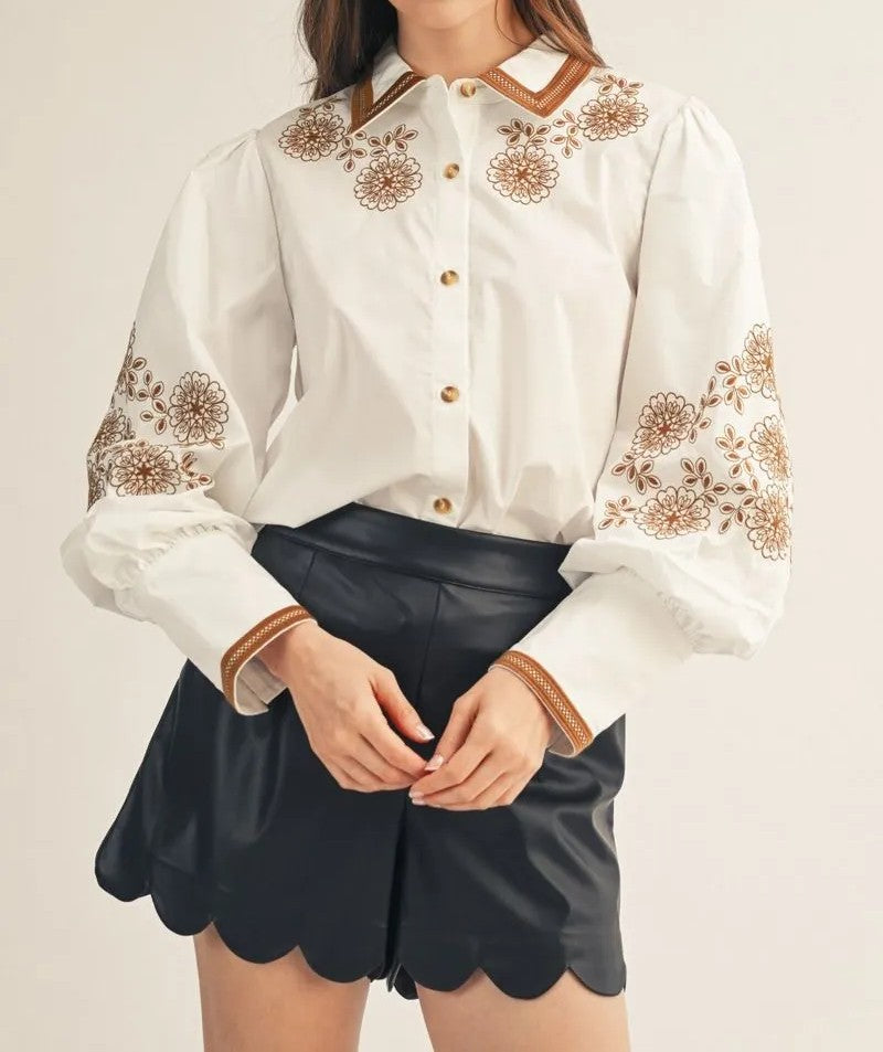 WHITE & BROWN FLORAL EMBROIDERY LONG PUFF SLEEVE BUTTON UP TOP