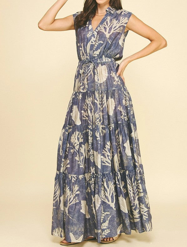 DUSTY NAVY BOTANICAL PRINT TIERED MAXI DRESS