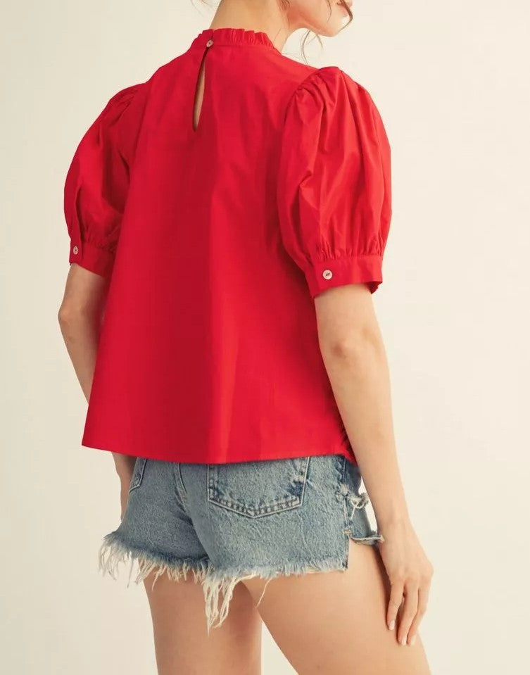 RED CROCHET LACE DETAIL SHORT PUFF SLEEVE TOP