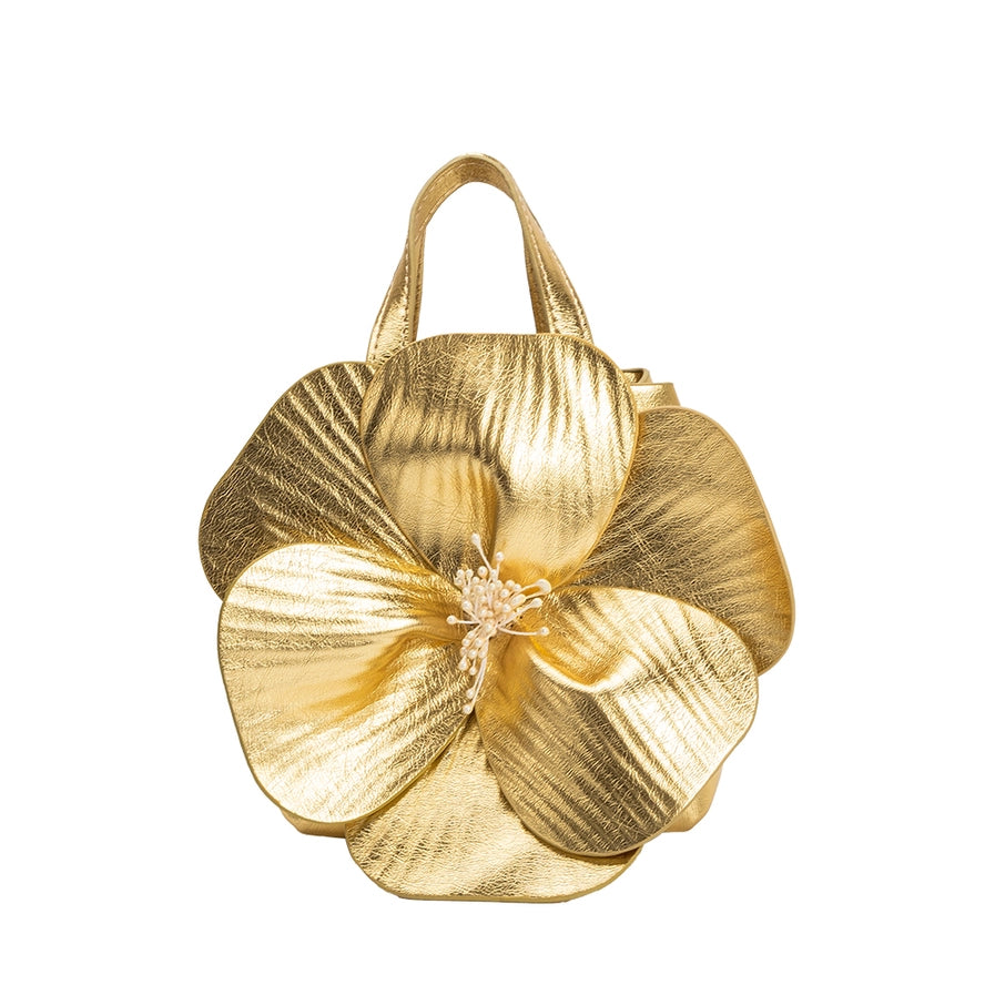 GOLD MONROE FLOWER VEGAN LEATHER TOP HANDLE BAG