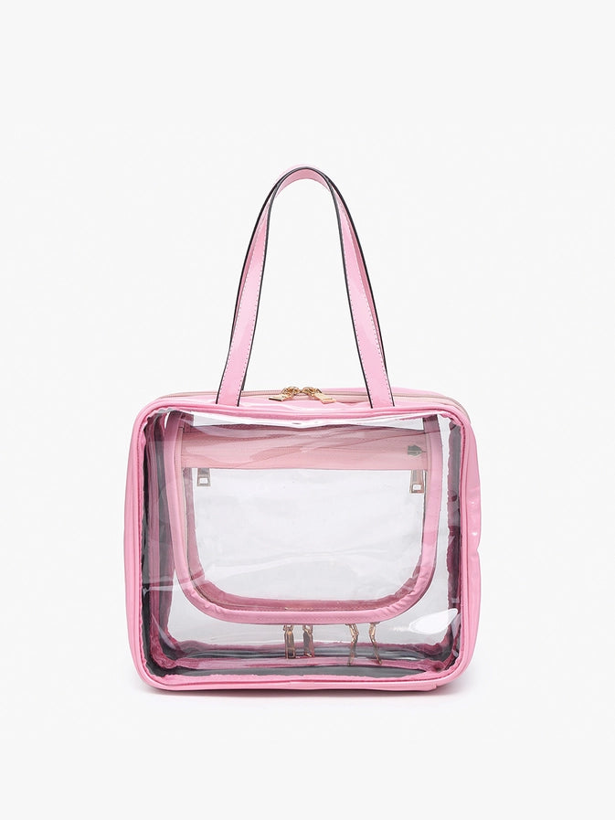 BUBBLEGUM PINK RAE CLEAR COSMETIC BAG WITH HANDLE