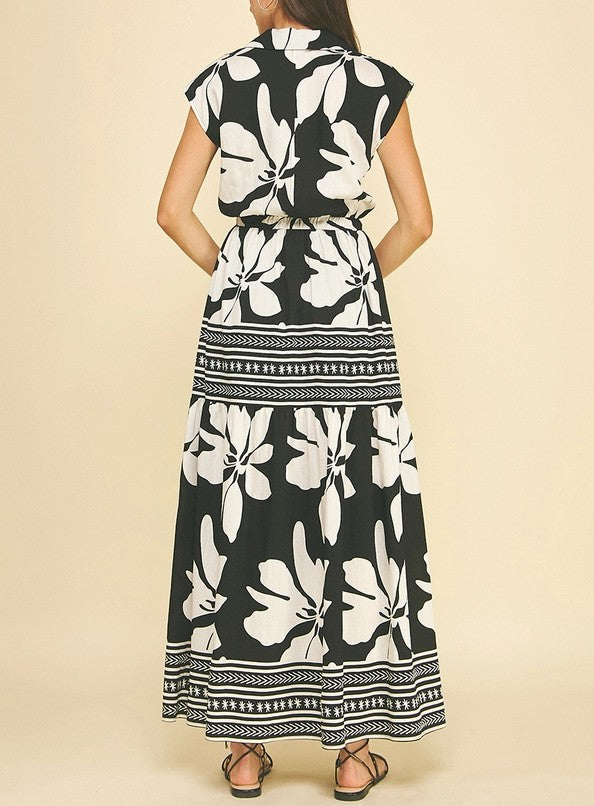 BLACK CONTRAST FLORAL PRINT SLEEVELESS TIERED MAXI DRESS