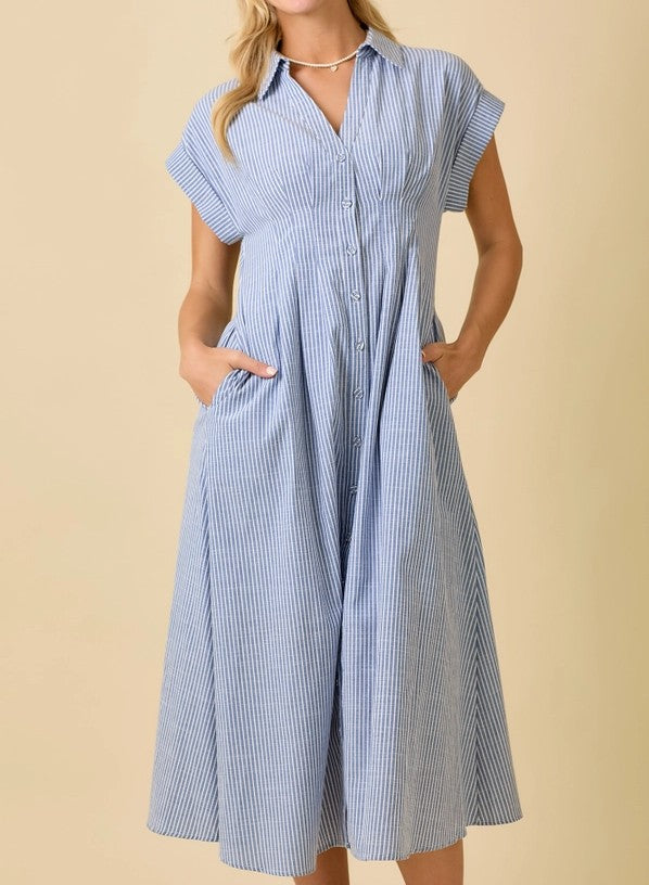 BLUE STRIPE BUTTON UP FRONT PLEATED SHIRT MIDI DRESS