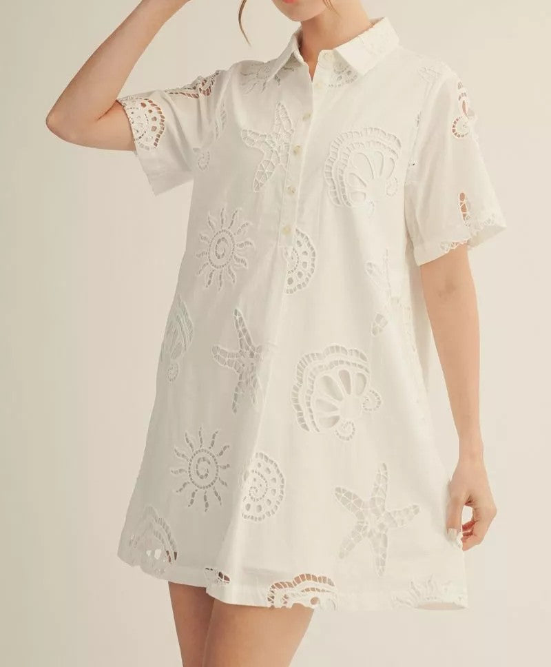 OFF WHITE BEACHY EYELET PLEAT DETAIL QUARTER BUTTON UP MINI DRESS