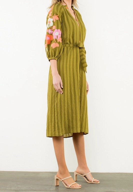 OLIVE GREEN STRIPE & FLORAL EMBROIDERED PUFF SLEEVE MAXI DRESS