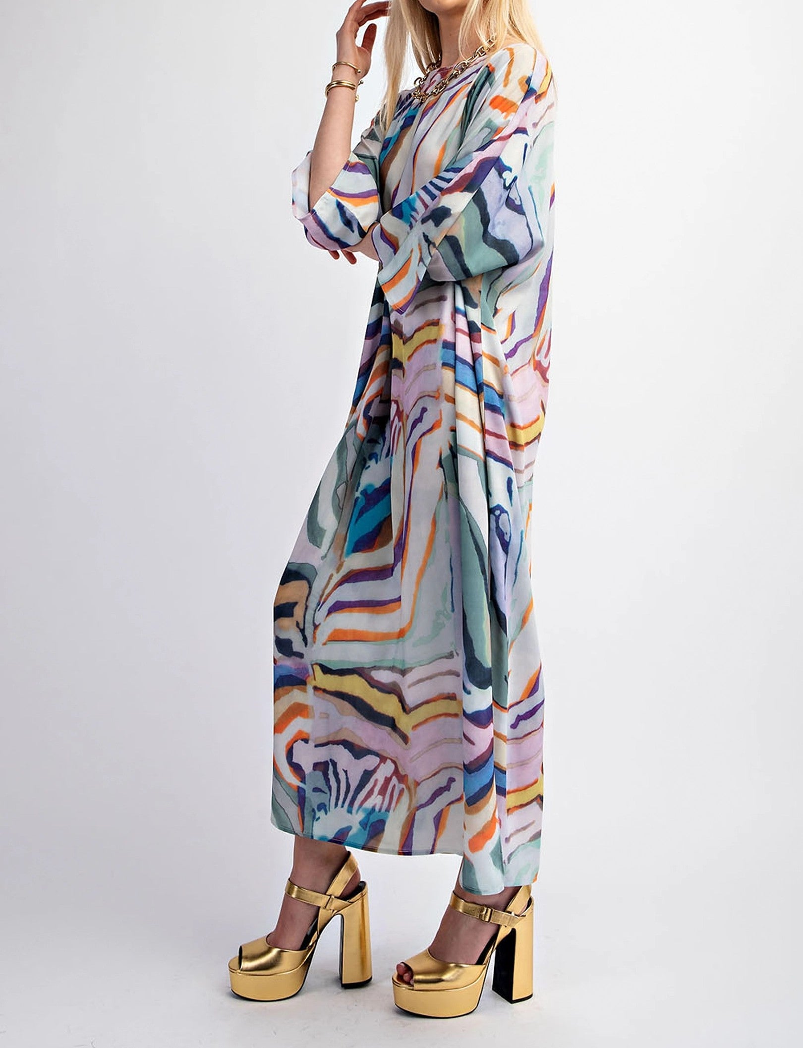 MULTI COLOR PRINT PULL OVER MAXI KAFTAN DRESS