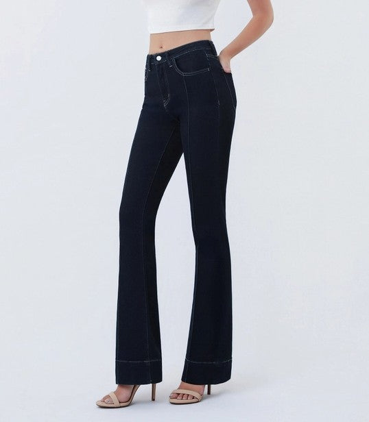 COHESION DARK WASH HIGH RISE PIN TUCK TROUSER HEM BOOTCUT JEANS