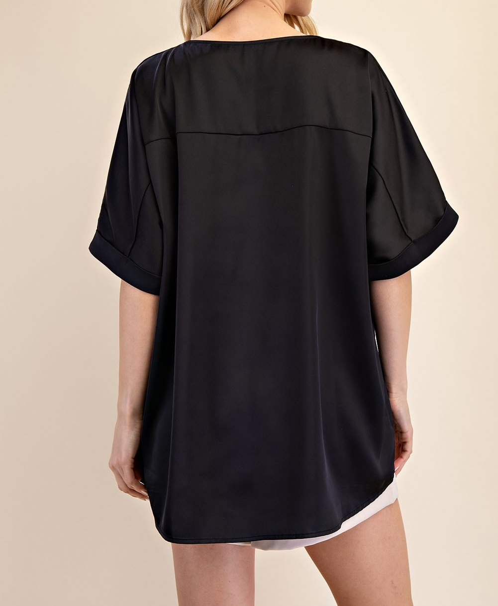 BLACK SATIN VNECK HIGH LOW BLOUSE