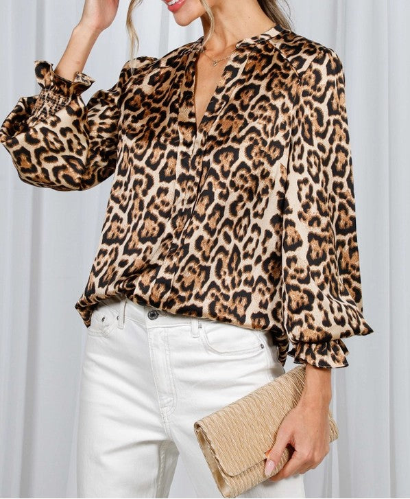 BROWN LEOPARD PRINT LONG BALLOON SLEEVE TOP
