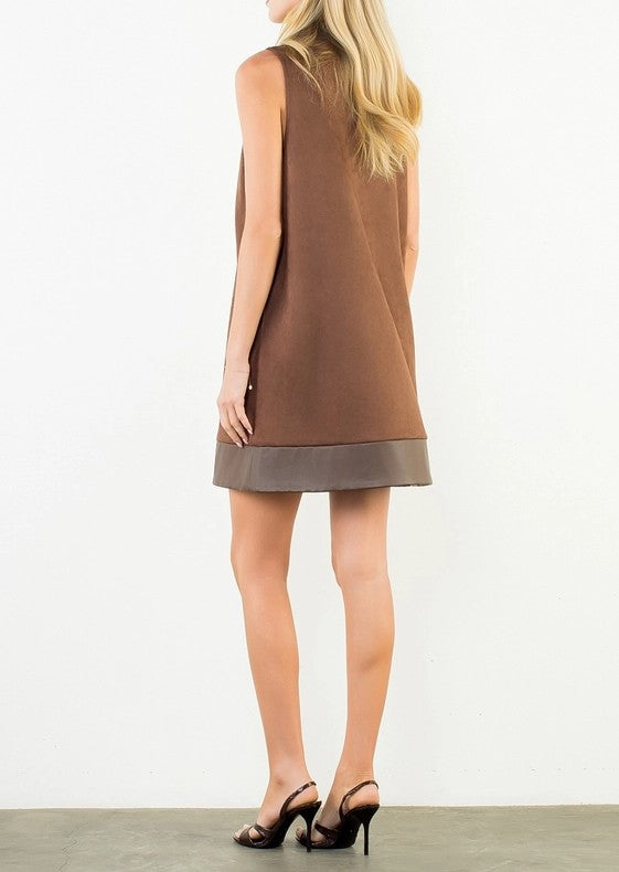 BROWN SUEDE & LEATHER TRIM SLEEVELESS MINI DRESS