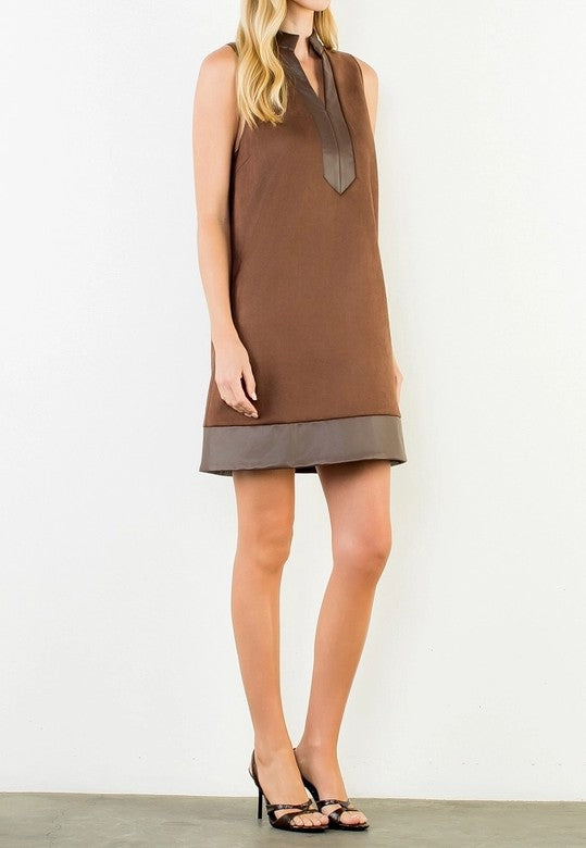 BROWN SUEDE & LEATHER TRIM SLEEVELESS MINI DRESS