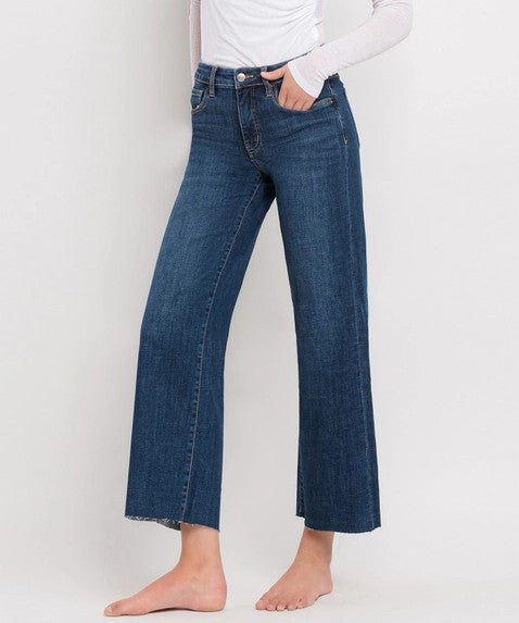 DARK WASH MID RISE TUMMY CONTROL CROPPED WIDE LEG FINDERS KEEPERS JEANS