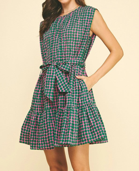 PINK & GREEN POLKA DOT TIERED MINI DRESS