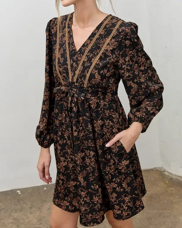 BLACK MULTI FLORAL VNECK LONG BUBBLE SLEEVE MINI DRESS