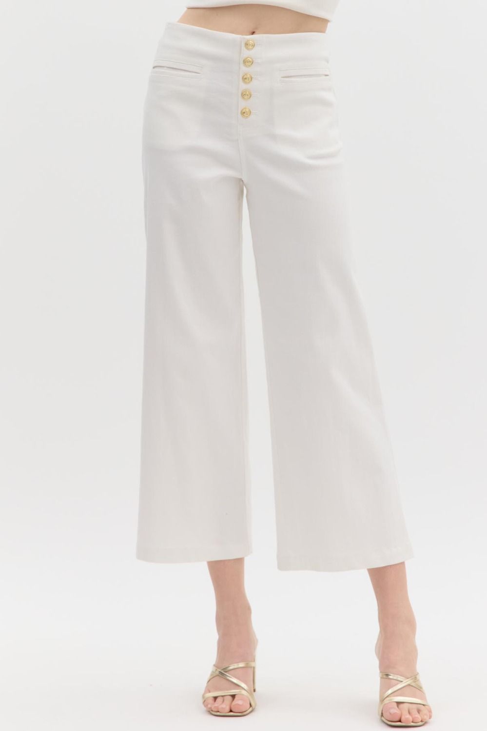 WHITE MID RISE CULOTTE PANT WITH EXPOSED BUTTONS