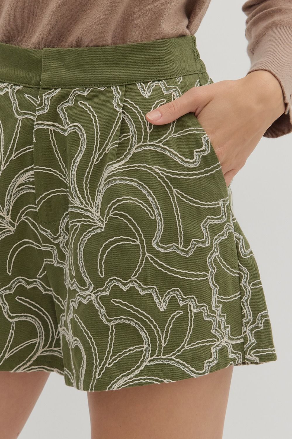 OLIVE TEXTURED FLORAL EMBROIDERY HIGH WAISTED SHORTS