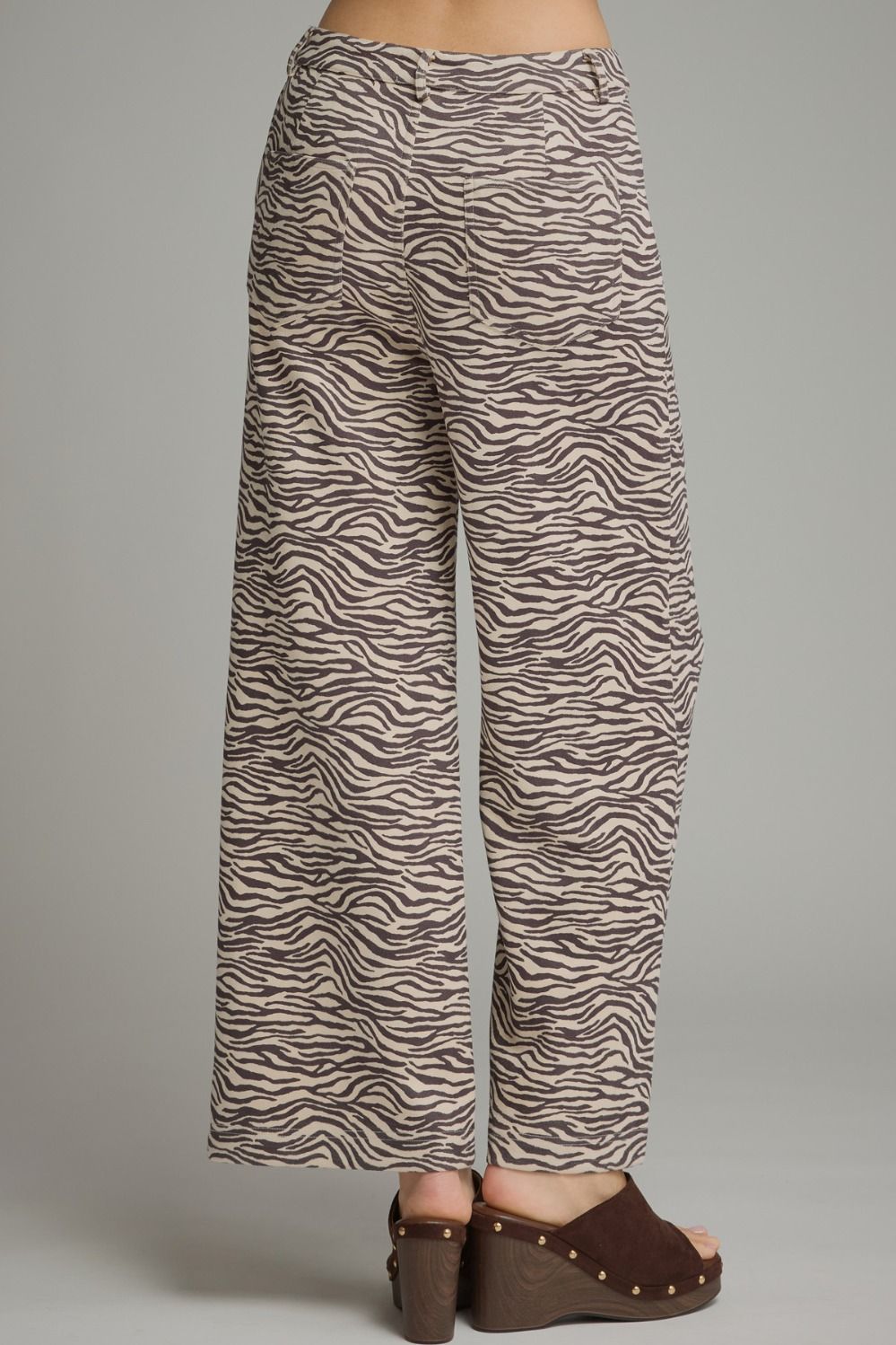 ECRU & BLACK ANIMAL PRINT SUEDE WIDE LEG PANTS
