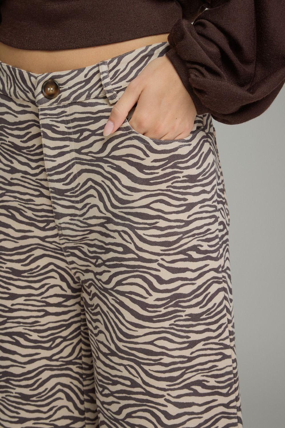 ECRU & BLACK ANIMAL PRINT SUEDE WIDE LEG PANTS