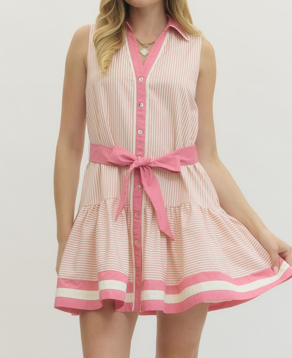 DUSTY PINK STRIPED CONTRAST BAND SLEEVELESS MINI DRESS