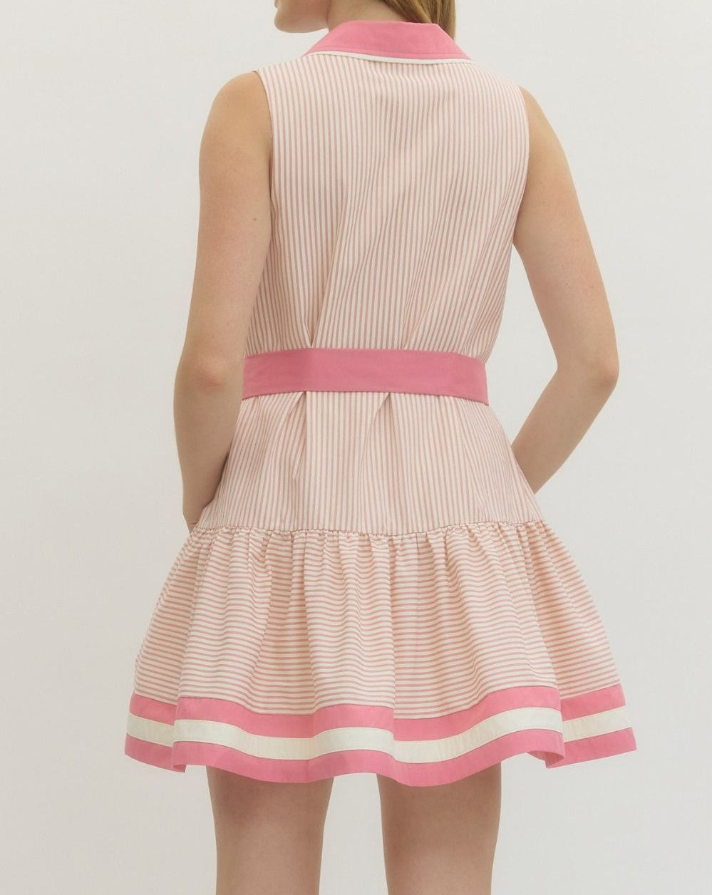 DUSTY PINK STRIPED CONTRAST BAND SLEEVELESS MINI DRESS