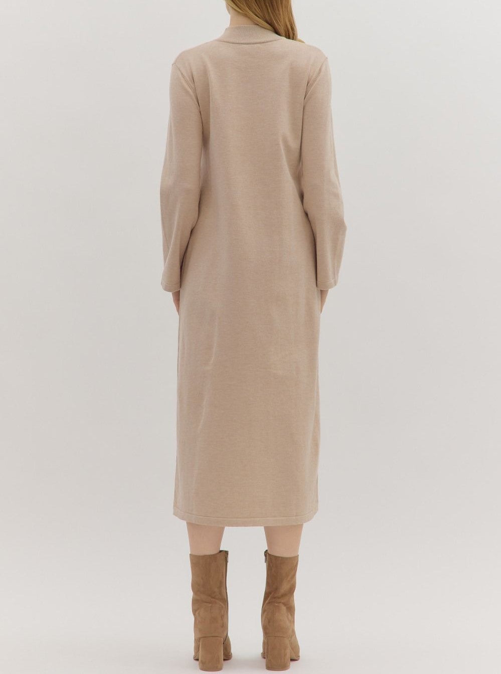 SAND MOCK NECK LONG SLEEVE KNIT MIDI DRESS