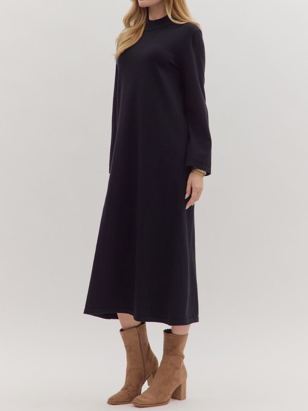 BLACK MOCK NECK LONG SLEEVE KNIT MIDI DRESS