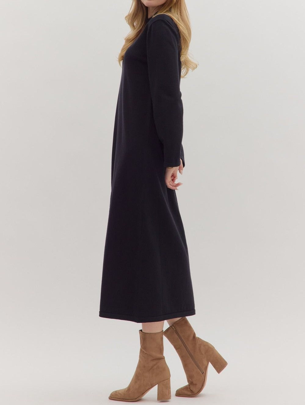 BLACK MOCK NECK LONG SLEEVE KNIT MIDI DRESS