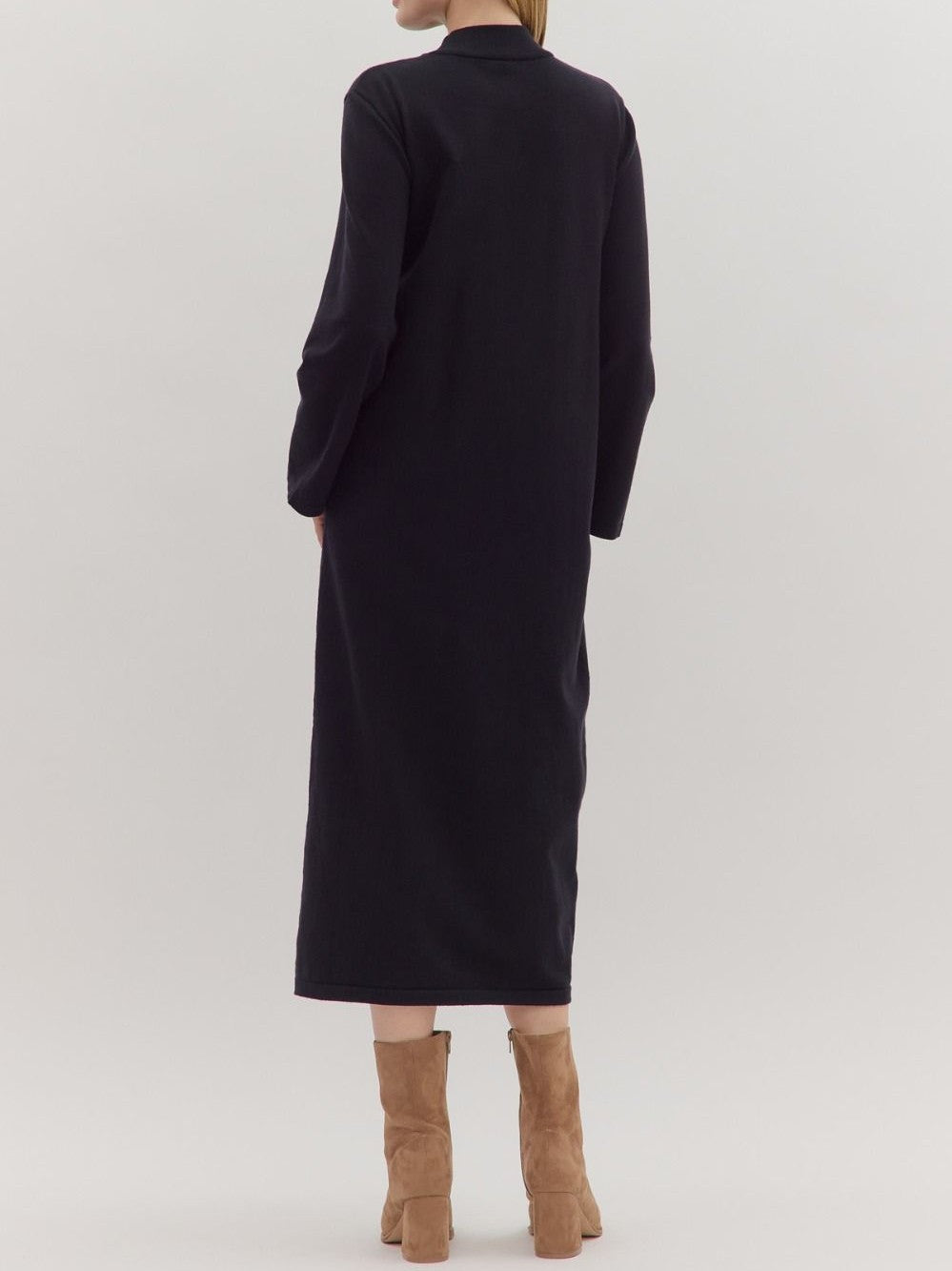 BLACK MOCK NECK LONG SLEEVE KNIT MIDI DRESS