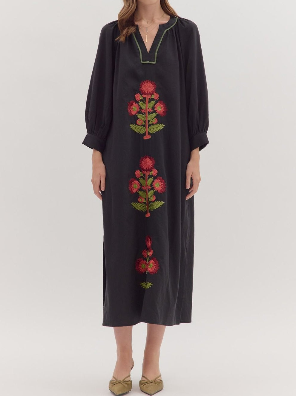BLACK FLORAL EMBROIDERY CONTRAST TRIM LONG SLEEVE MAXI DRESS