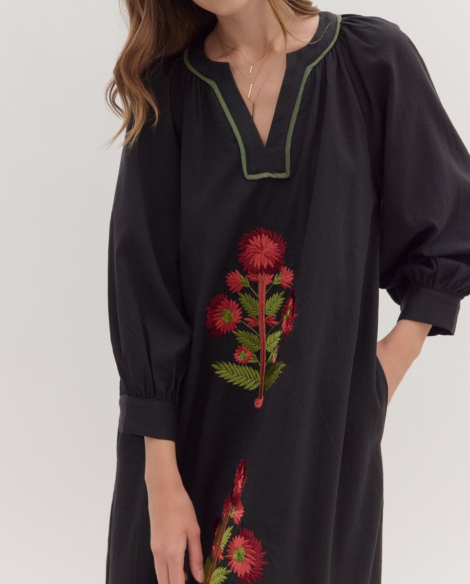 BLACK FLORAL EMBROIDERY CONTRAST TRIM LONG SLEEVE MAXI DRESS