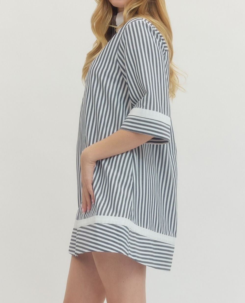 BLACK STRIPED & CONTRAST TRIM HALF SLEEVE MINI DRESS