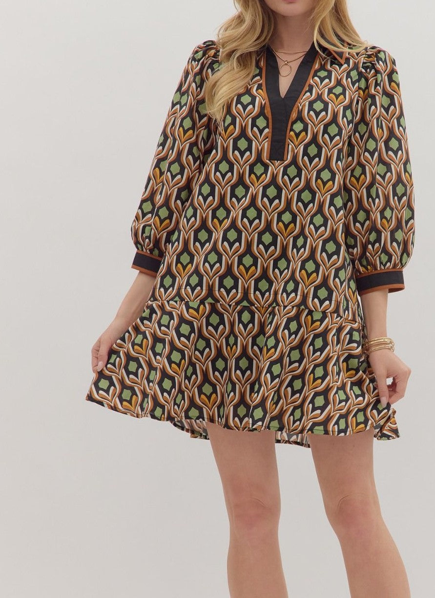 BLACK MULTI GEOMETRIC PRINT LONG PUFF SLEEVE MINI DRESS