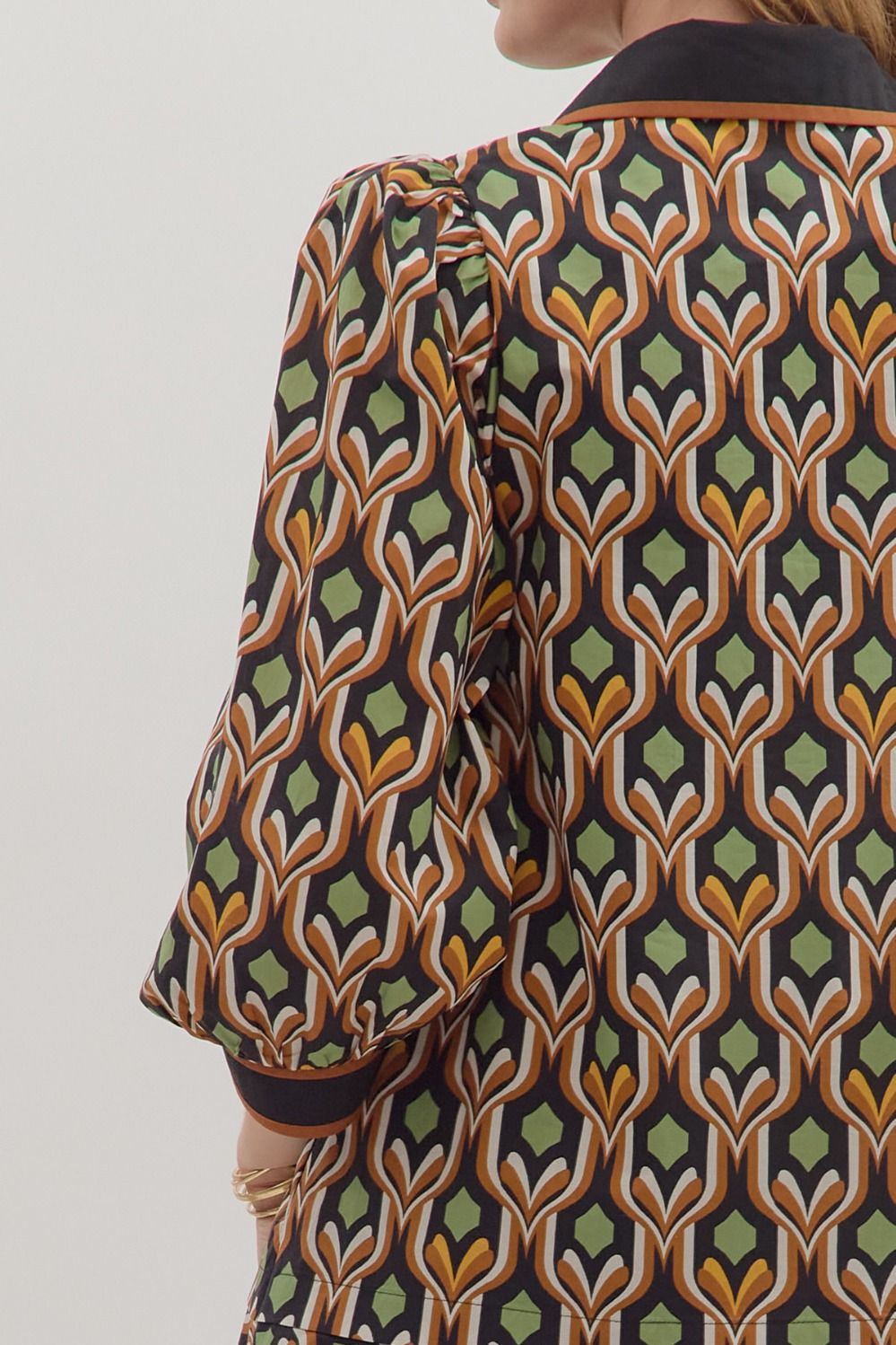 BLACK MULTI GEOMETRIC PRINT LONG PUFF SLEEVE MINI DRESS