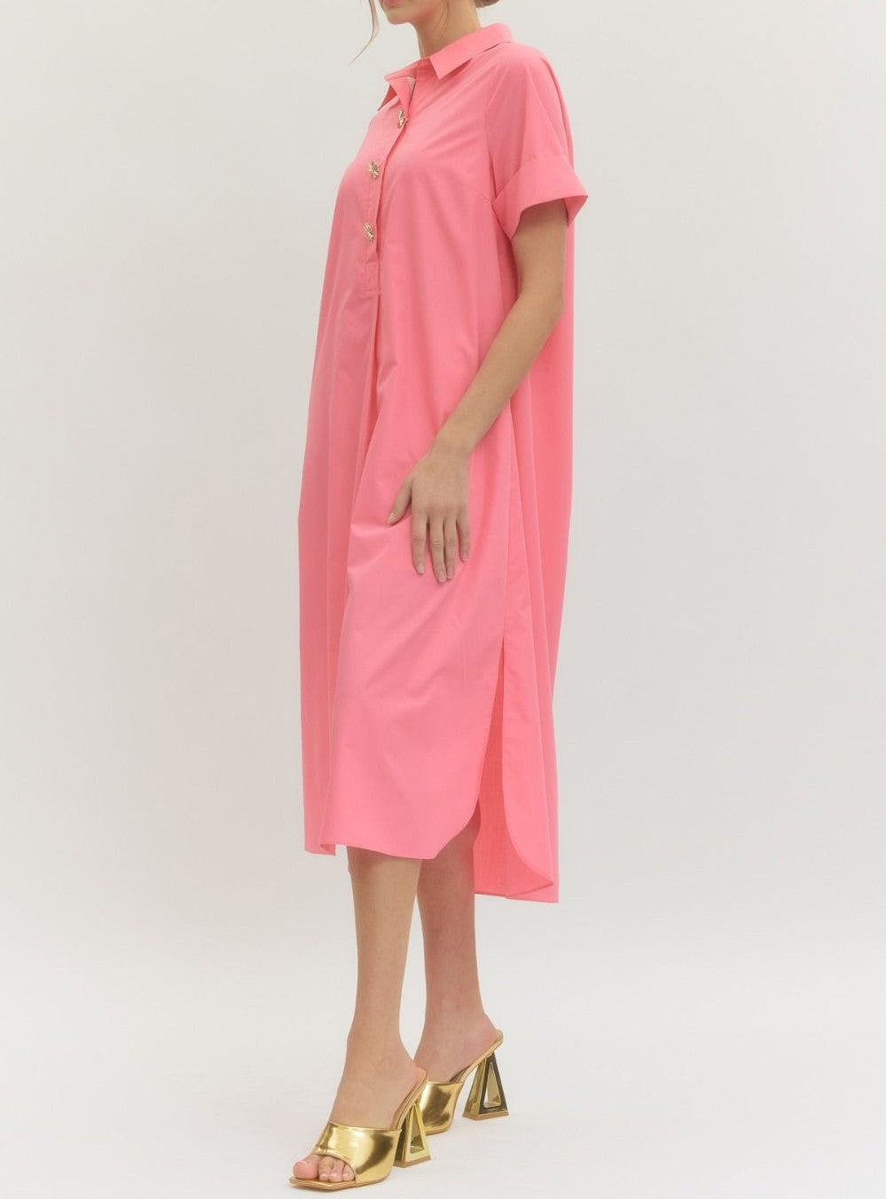 PINK COLLARED GOLD SNAP BUTTON MAXI DRESS