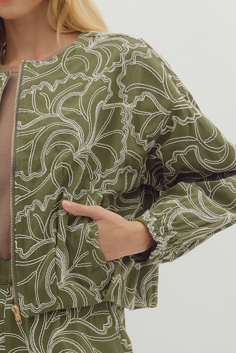 OLIVE TEXTURED FLORAL EMBROIDERY ZIP UP CROPPED JACKET