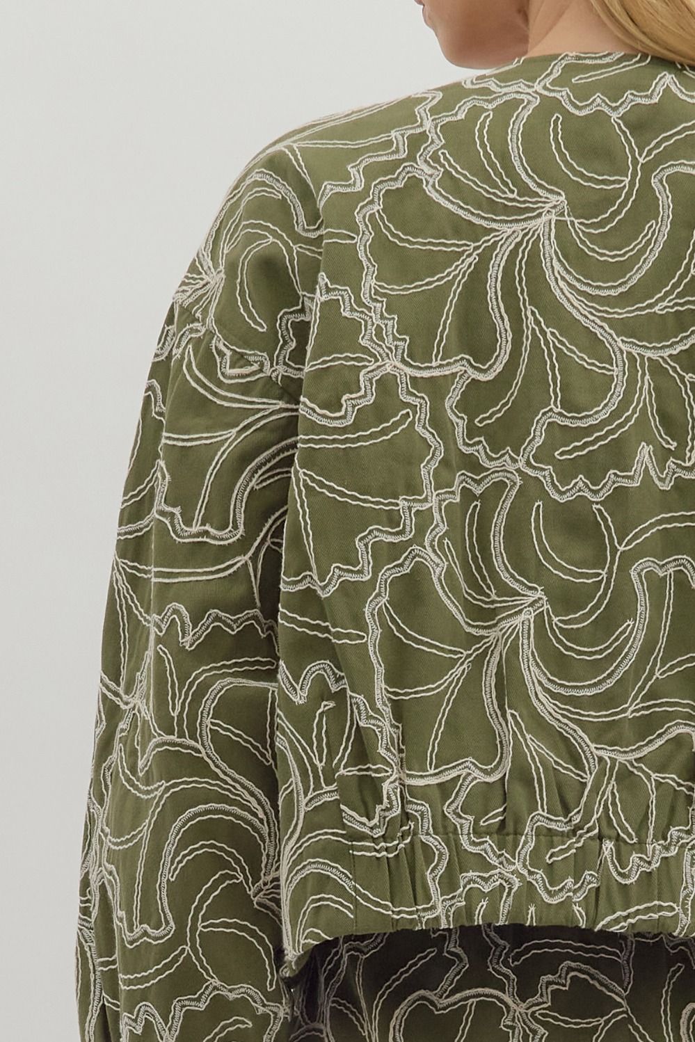 OLIVE TEXTURED FLORAL EMBROIDERY ZIP UP CROPPED JACKET