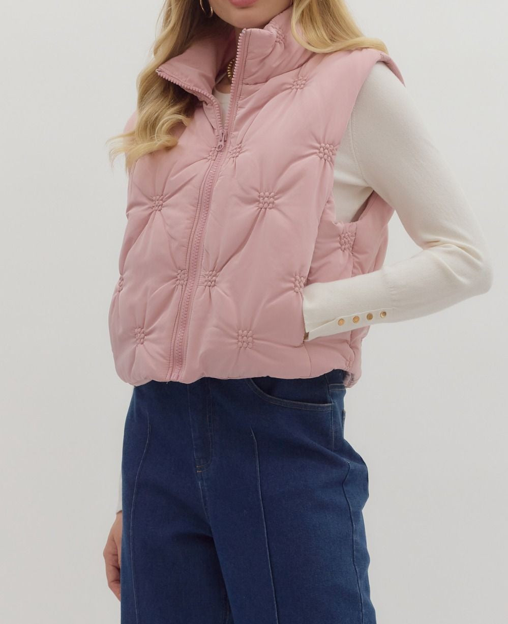 DUSTY ROSE SLEEVELESS ZIP-FRONT QUILTED PUFFER VEST