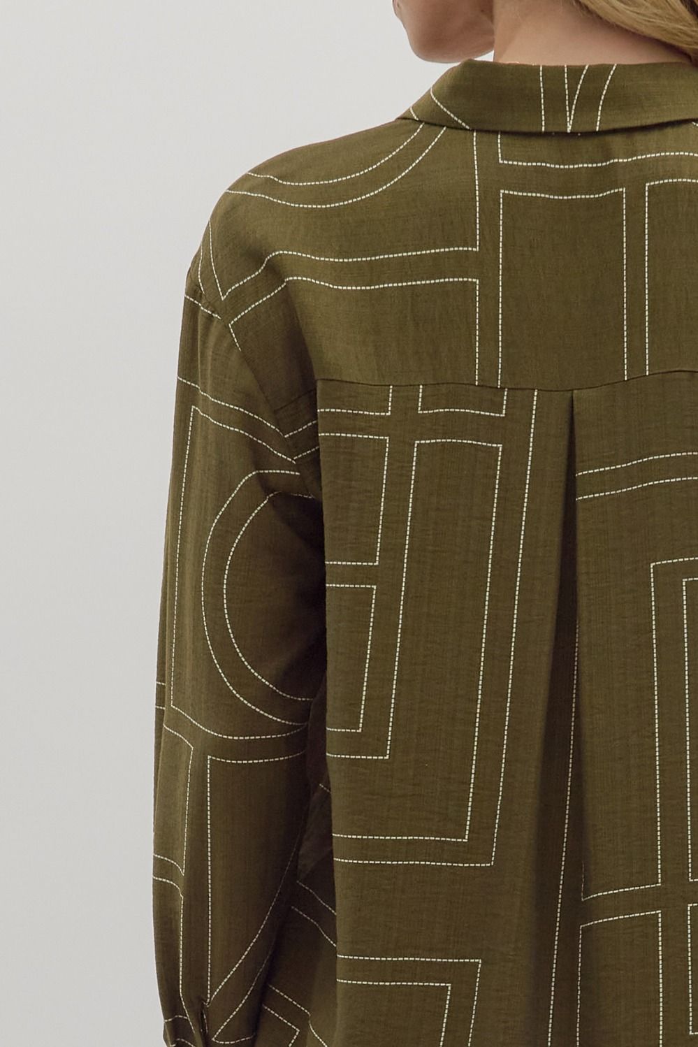 OLIVE ABSTRACT PATTERN BUTTON UP LONG SLEEVE TOP