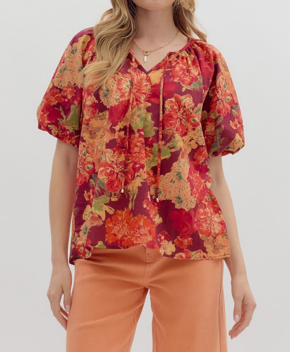 WINE FLORAL PRINT BUBBLE SLEEVE TOP