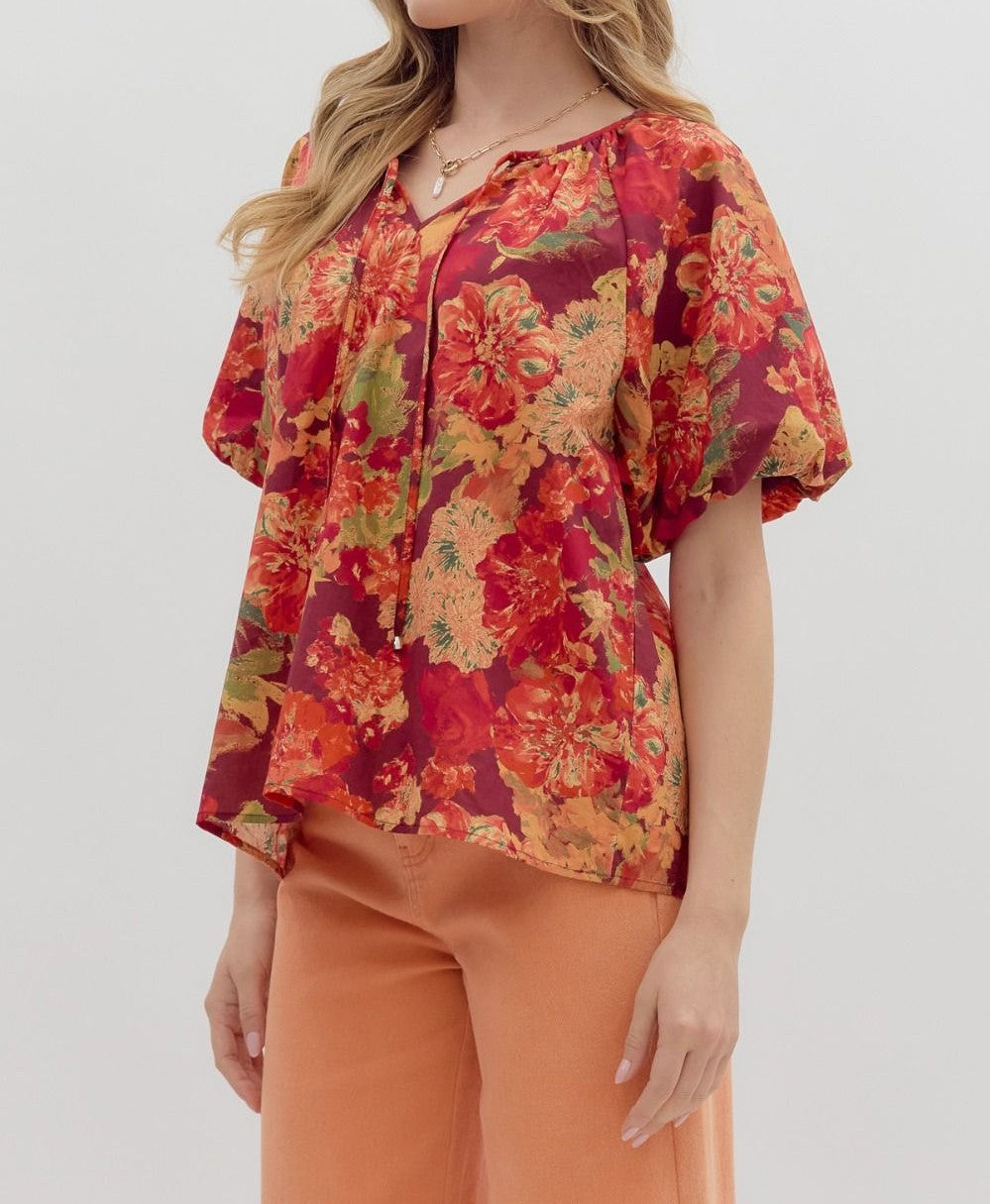 WINE FLORAL PRINT BUBBLE SLEEVE TOP
