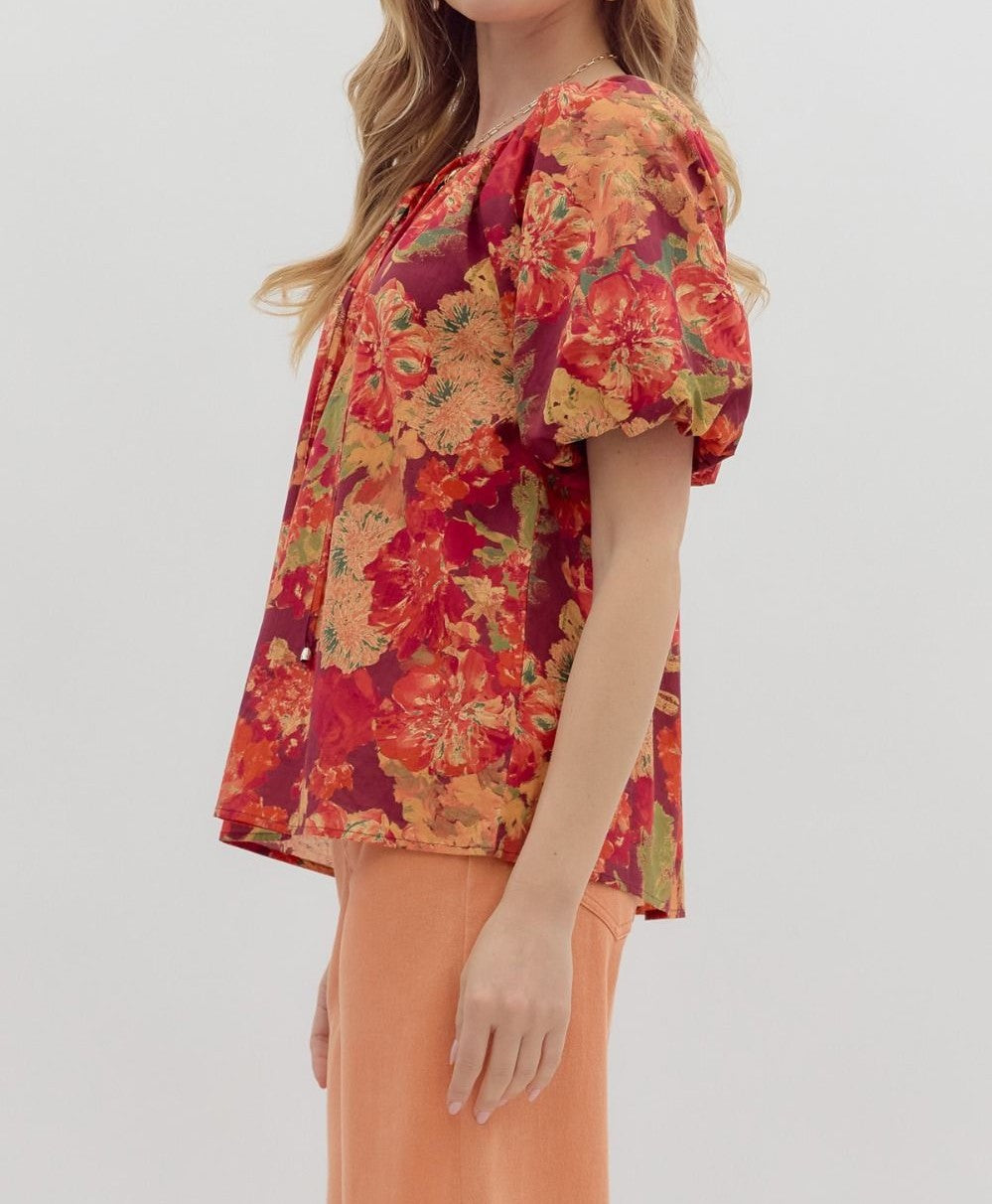 WINE FLORAL PRINT BUBBLE SLEEVE TOP
