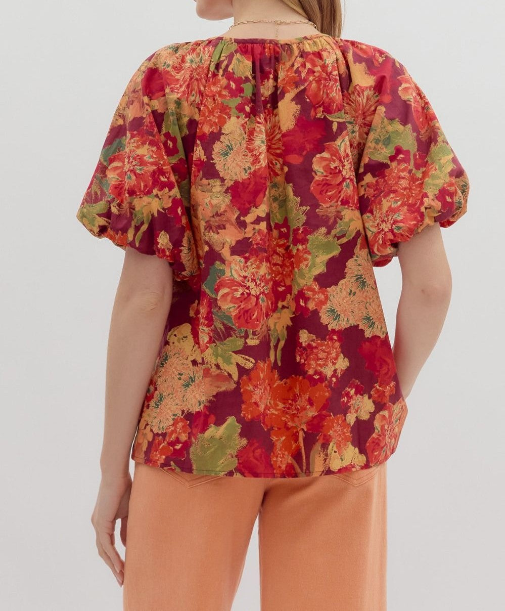 WINE FLORAL PRINT BUBBLE SLEEVE TOP