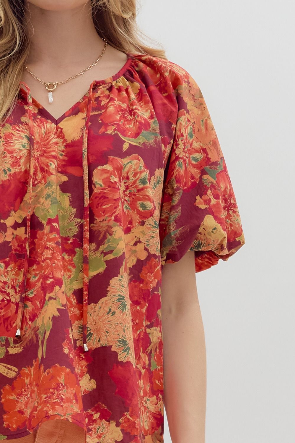 WINE FLORAL PRINT BUBBLE SLEEVE TOP
