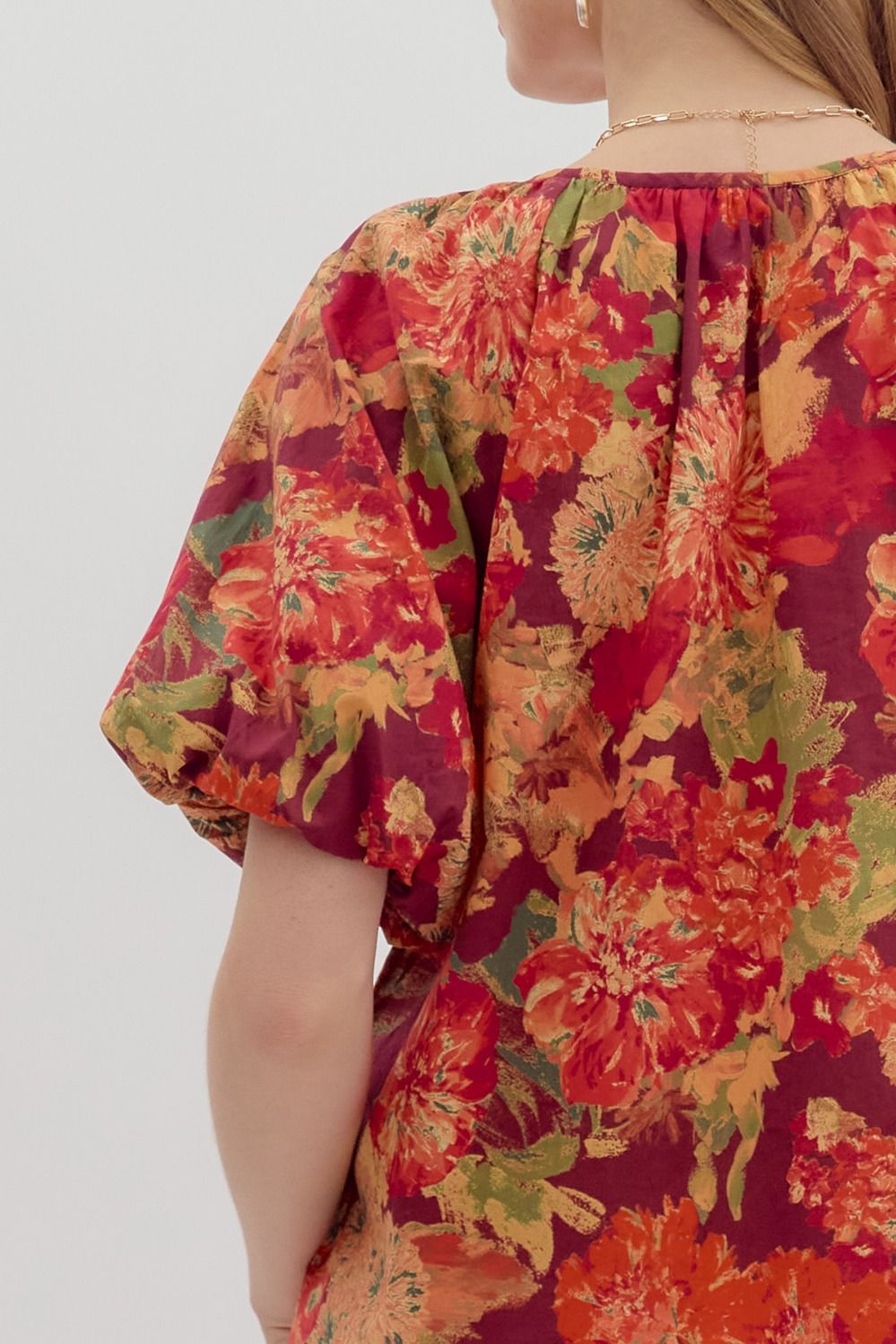 WINE FLORAL PRINT BUBBLE SLEEVE TOP