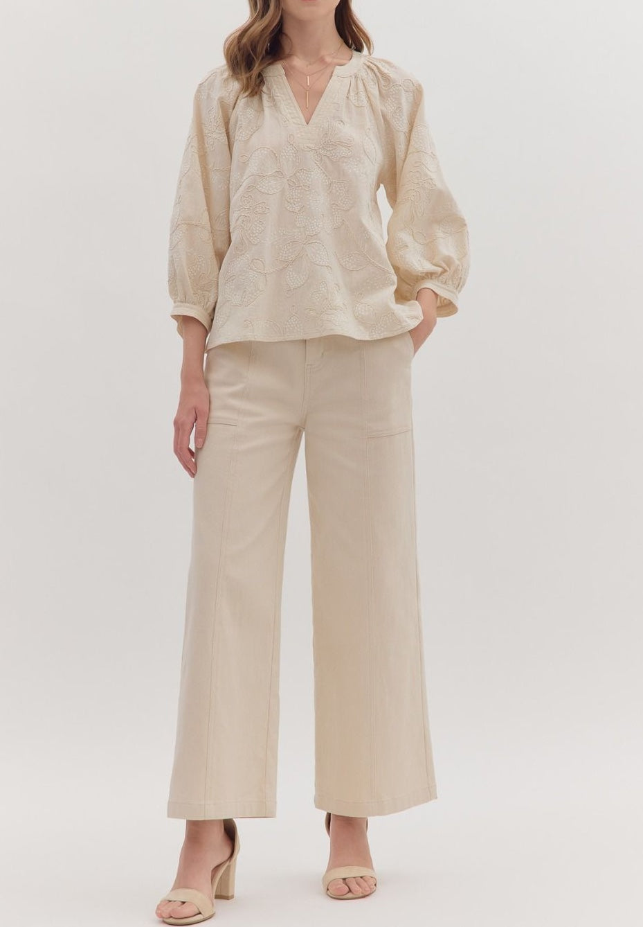 ECRU EMBROIDERED BOTANICAL PRINT 3/4 SLEEVE TOP