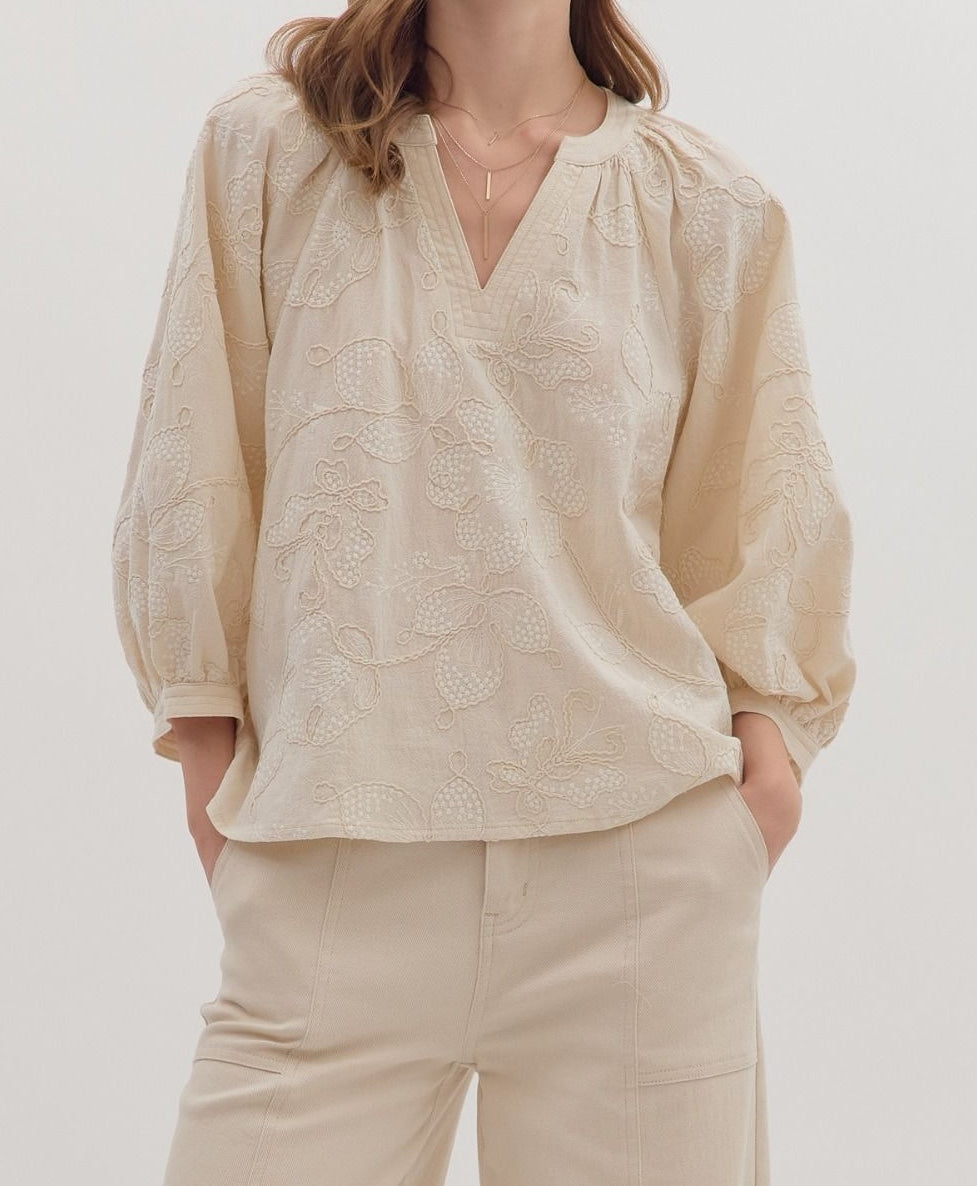 ECRU EMBROIDERED BOTANICAL PRINT 3/4 SLEEVE TOP