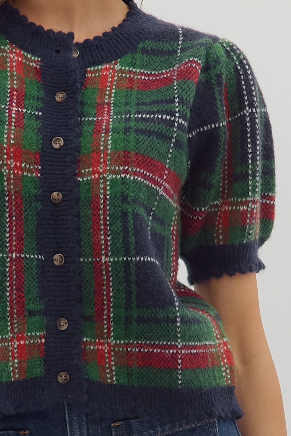 NAVY PLAID SHORT PUFF SLEEVE BUTTON UP SWEATER
